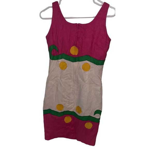 Vintage Bouillabaisse Womens 100% Linen Shift Dress Sz 4 Pink Green Graphic READ - Picture 3 of 6